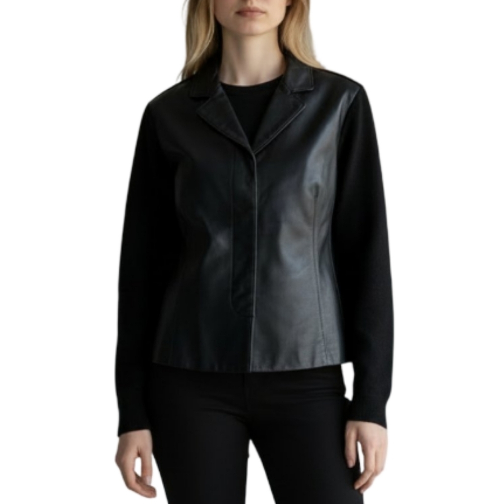 Lafayette 148 Black Moto Leather Jacket Size 4 Wool Sleeves Quiet Luxury New